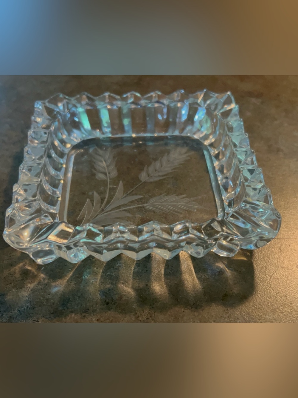 Vintage Heisey Clear Crystal Square Ashtray with frosted Wheat design